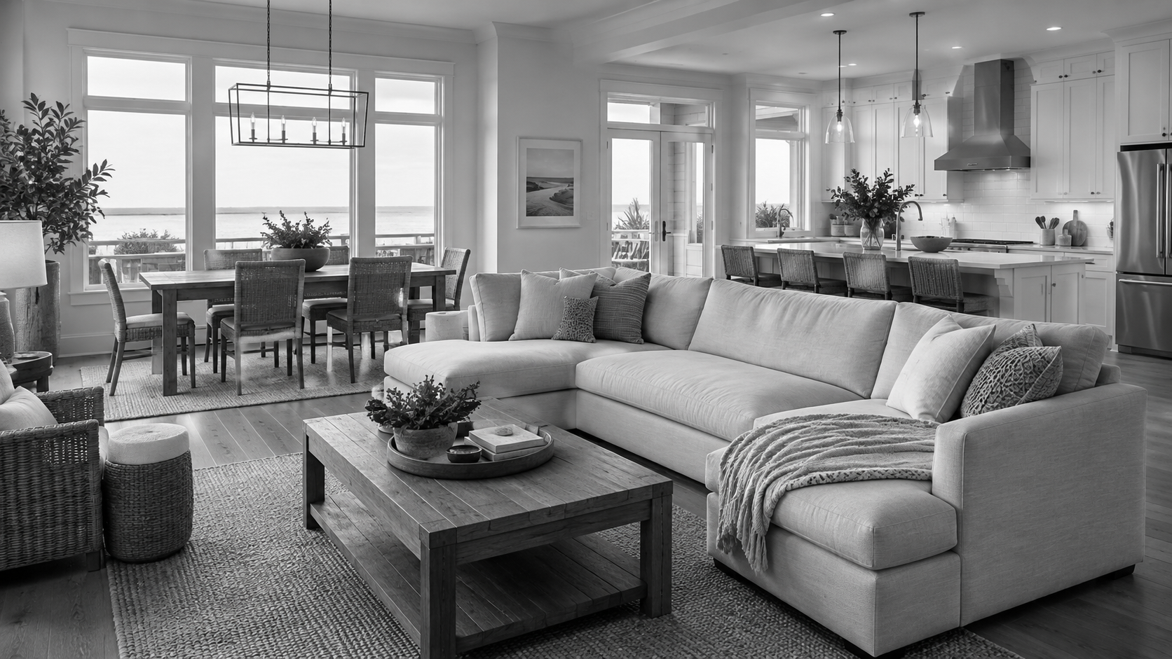 Illustrative shared home with a bright living room and kitchen