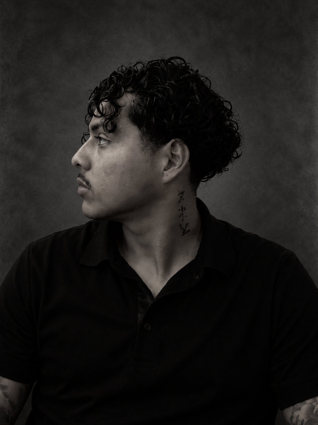 Bryan Arambula in a black polo looking to the left